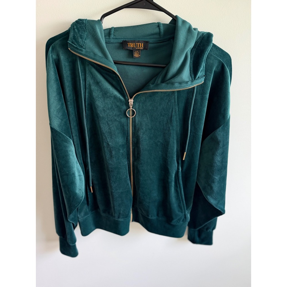 Truth by Republic Womens Velour Full Zip Hoodie Forest Green Gold Hardware L